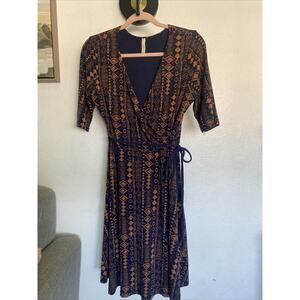 GILLI Womens Navy Blue & Orange‎ Faux Wrap V-Neck Career Dress Sz Large